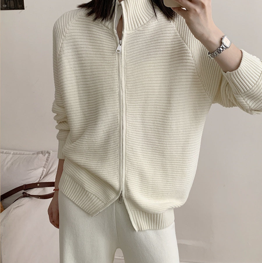 Cardigan Zippé en Coton Tricoté