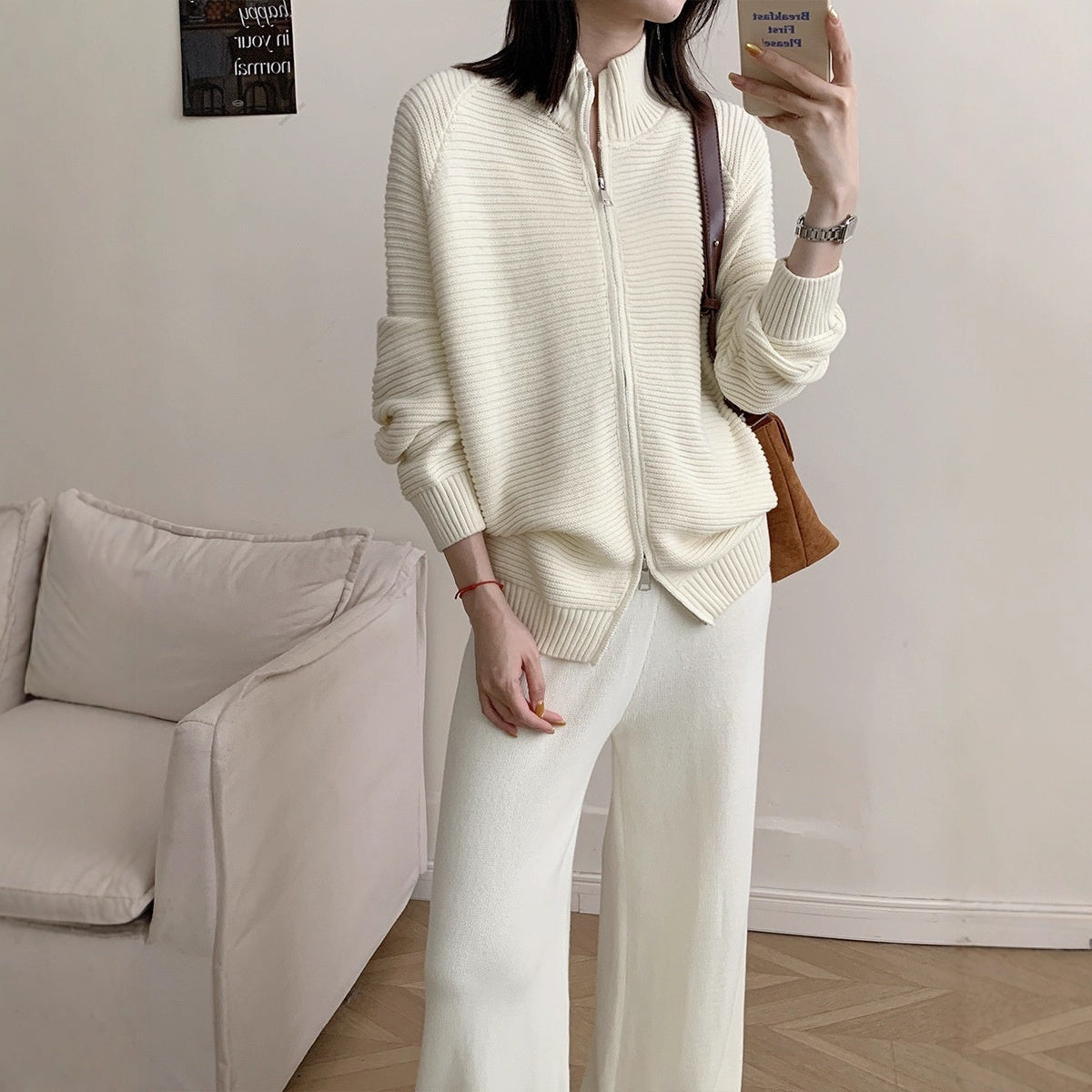 Cardigan Zippé en Coton Tricoté