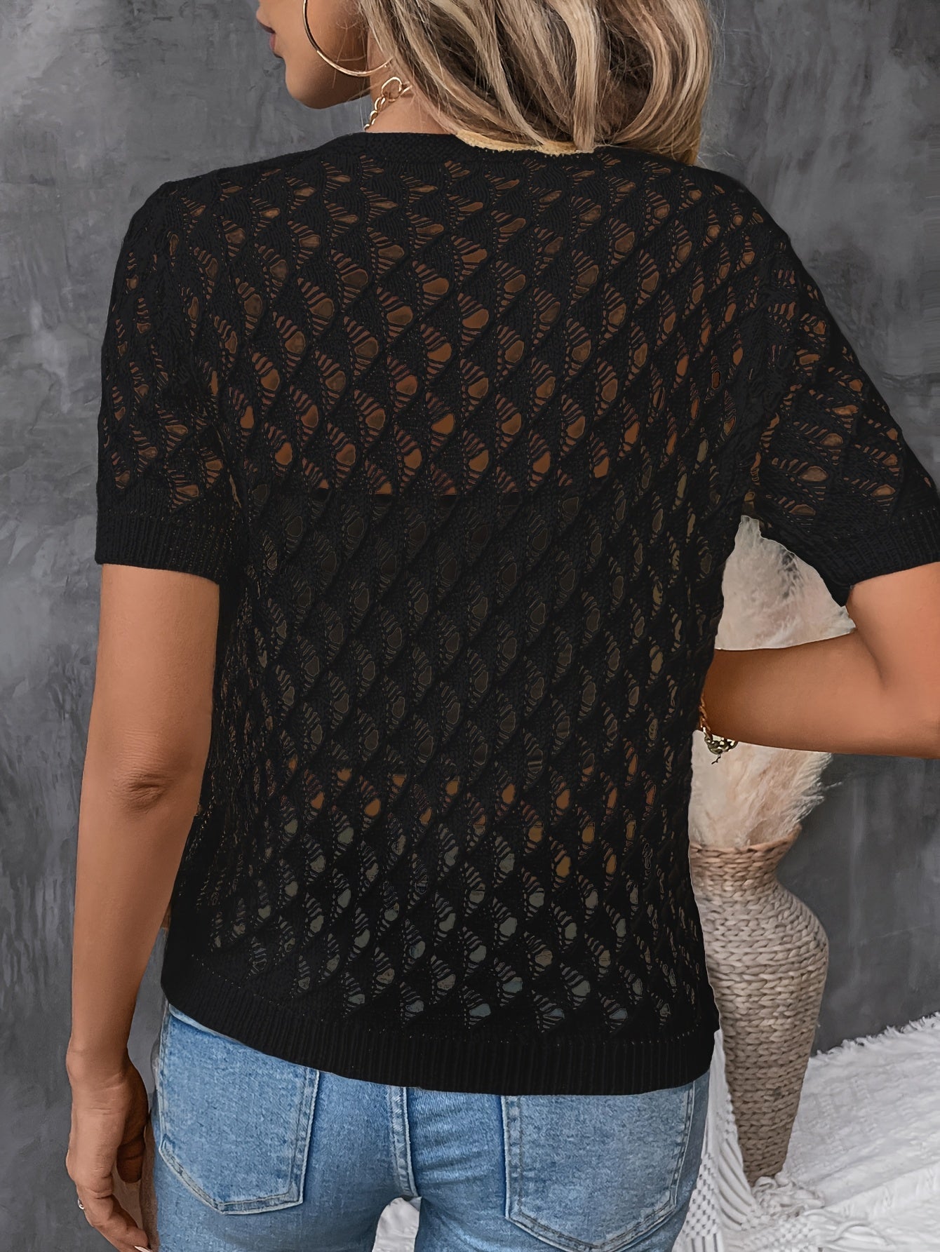 Pull Élégant Dentelle Manches Courtes